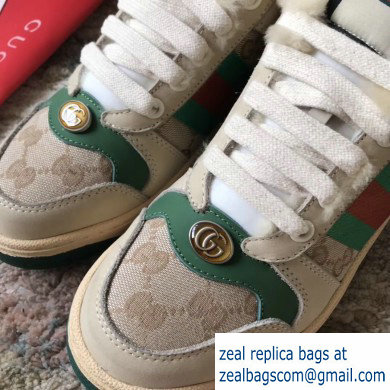 Gucci Leather Web Screener Shearling Sneakers Green/Beige 2019 - Click Image to Close