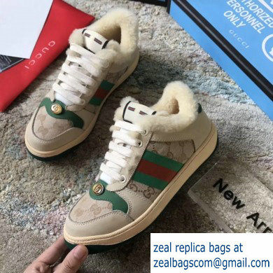 Gucci Leather Web Screener Shearling Sneakers Green/Beige 2019 - Click Image to Close