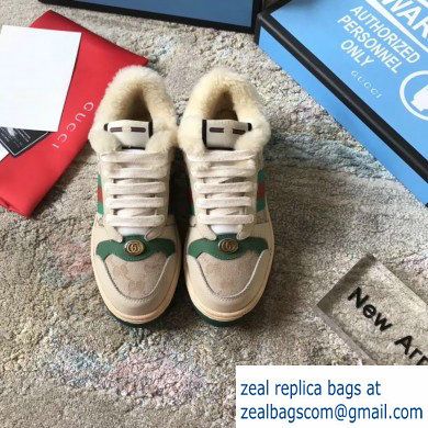 Gucci Leather Web Screener Shearling Sneakers Green/Beige 2019 - Click Image to Close