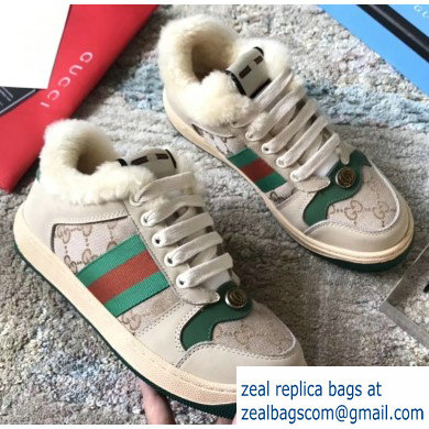 Gucci Leather Web Screener Shearling Sneakers Green/Beige 2019