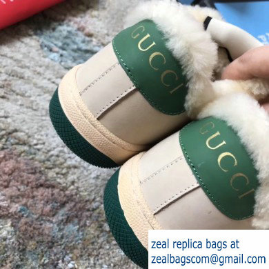 Gucci Leather Web Screener Shearling Sneakers Green/Beige 2019 - Click Image to Close