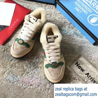 Gucci Leather Web Screener Shearling Sneakers Green/Beige 2019 - Click Image to Close