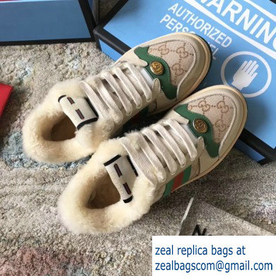 Gucci Leather Web Screener Shearling Sneakers Green/Beige 2019 - Click Image to Close