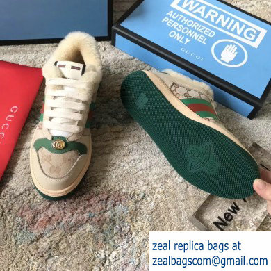Gucci Leather Web Screener Shearling Sneakers Green/Beige 2019