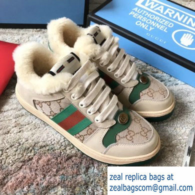 Gucci Leather Web Screener Shearling Sneakers Green/Beige 2019 - Click Image to Close