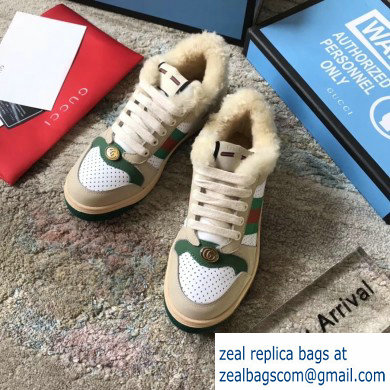 Gucci Leather Web Screener Shearling Sneakers Green/White 2019 - Click Image to Close