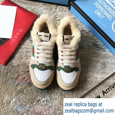 Gucci Leather Web Screener Shearling Sneakers Green/White 2019 - Click Image to Close