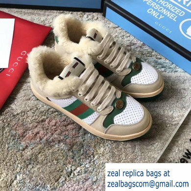 Gucci Leather Web Screener Shearling Sneakers Green/White 2019 - Click Image to Close