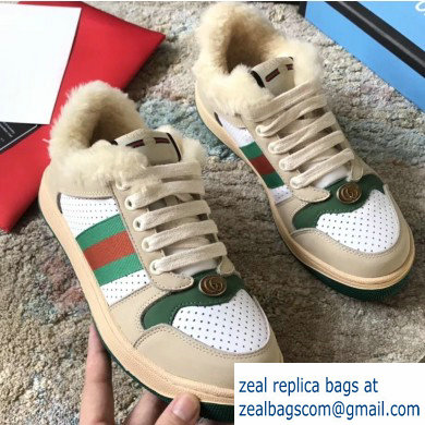 Gucci Leather Web Screener Shearling Sneakers Green/White 2019 - Click Image to Close