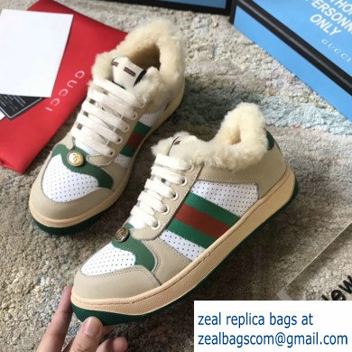 Gucci Leather Web Screener Shearling Sneakers Green/White 2019 - Click Image to Close