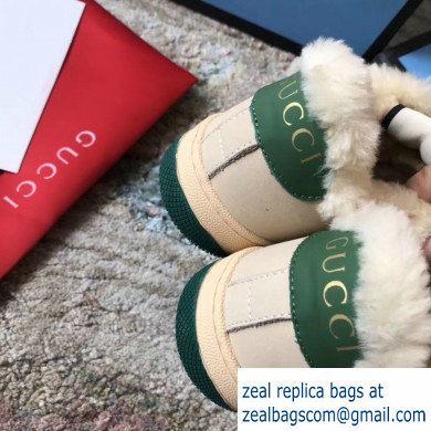 Gucci Leather Web Screener Shearling Sneakers Green/White 2019 - Click Image to Close