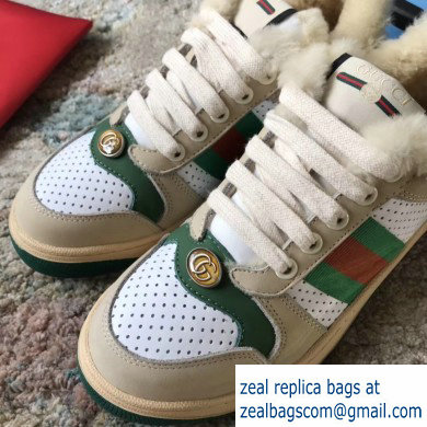 Gucci Leather Web Screener Shearling Sneakers Green/White 2019 - Click Image to Close
