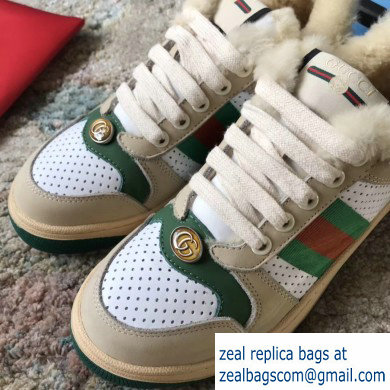 Gucci Leather Web Screener Shearling Sneakers Green/White 2019