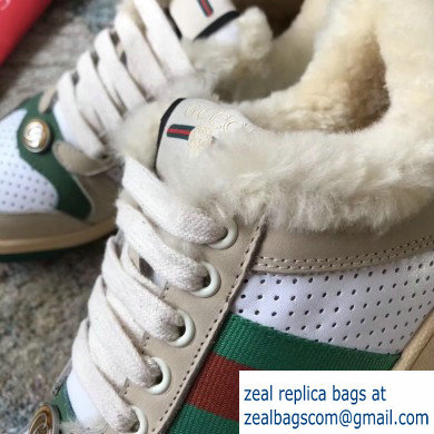 Gucci Leather Web Screener Shearling Sneakers Green/White 2019