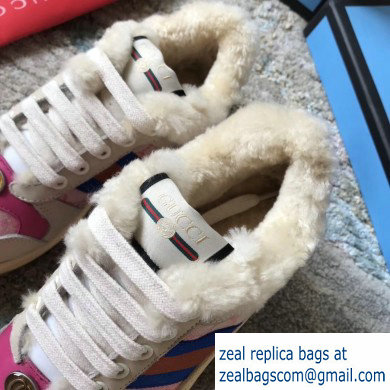 Gucci Leather Web Screener Shearling Sneakers Pink 2019 - Click Image to Close