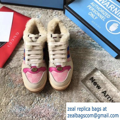 Gucci Leather Web Screener Shearling Sneakers Pink 2019