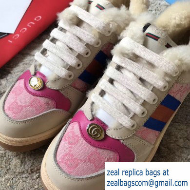 Gucci Leather Web Screener Shearling Sneakers Pink 2019