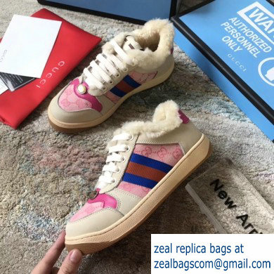 Gucci Leather Web Screener Shearling Sneakers Pink 2019 - Click Image to Close