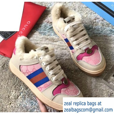 Gucci Leather Web Screener Shearling Sneakers Pink 2019