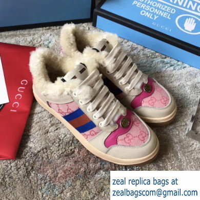 Gucci Leather Web Screener Shearling Sneakers Pink 2019 - Click Image to Close