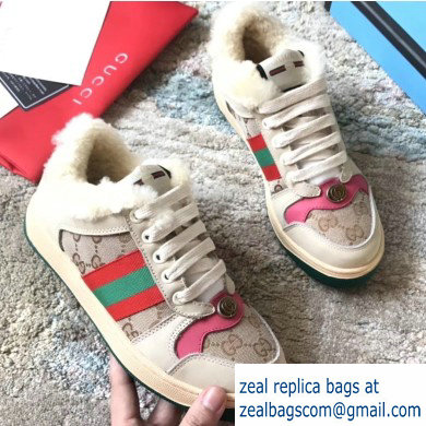 Gucci Leather Web Screener Shearling Sneakers Pink/Beige 2019 - Click Image to Close