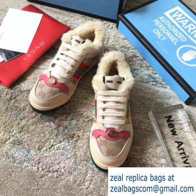 Gucci Leather Web Screener Shearling Sneakers Pink/Beige 2019 - Click Image to Close