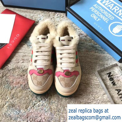 Gucci Leather Web Screener Shearling Sneakers Pink/Beige 2019 - Click Image to Close