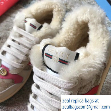 Gucci Leather Web Screener Shearling Sneakers Pink/Beige 2019