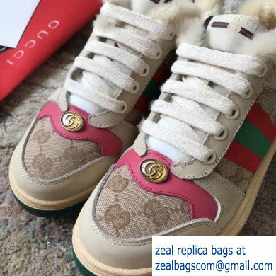 Gucci Leather Web Screener Shearling Sneakers Pink/Beige 2019