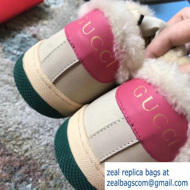 Gucci Leather Web Screener Shearling Sneakers Pink/Beige 2019 - Click Image to Close