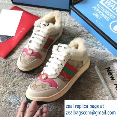 Gucci Leather Web Screener Shearling Sneakers Pink/Beige 2019 - Click Image to Close