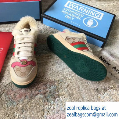 Gucci Leather Web Screener Shearling Sneakers Pink/Beige 2019 - Click Image to Close