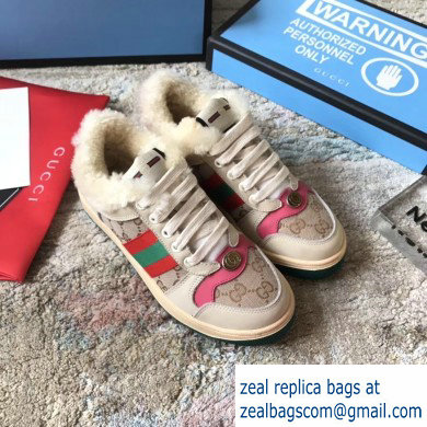 Gucci Leather Web Screener Shearling Sneakers Pink/Beige 2019