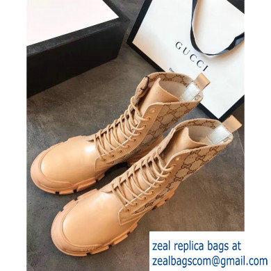 Gucci Leather and GG Canvas Lace-up Ankle Boots Beige 2019 - Click Image to Close