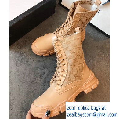 Gucci Leather and GG Canvas Lace-up Ankle Boots Beige 2019