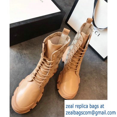 Gucci Leather and GG Canvas Lace-up Ankle Boots Beige 2019
