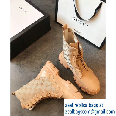 Gucci Leather and GG Canvas Lace-up Ankle Boots Beige 2019