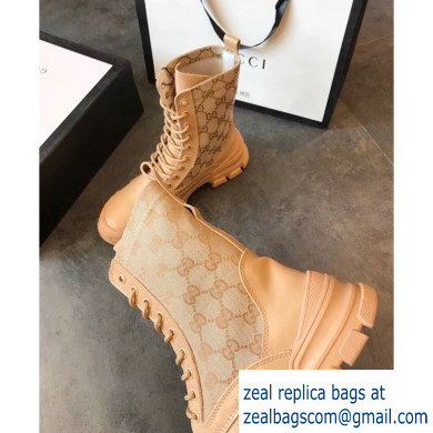 Gucci Leather and GG Canvas Lace-up Ankle Boots Beige 2019