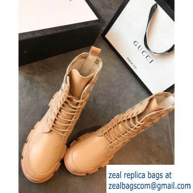 Gucci Leather and GG Canvas Lace-up Ankle Boots Beige 2019