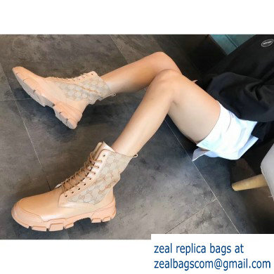 Gucci Leather and GG Canvas Lace-up Ankle Boots Beige 2019