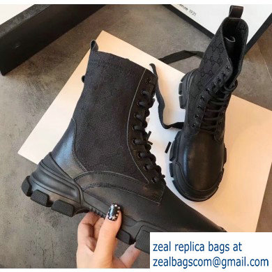 Gucci Leather and GG Canvas Lace-up Ankle Boots Black 2019