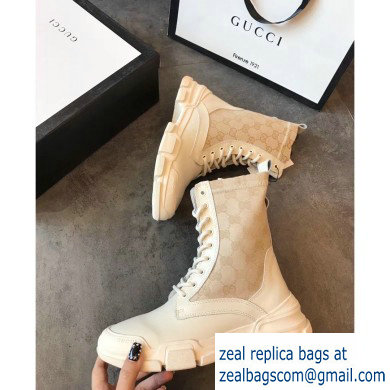 Gucci Leather and GG Canvas Lace-up Ankle Boots White 2019