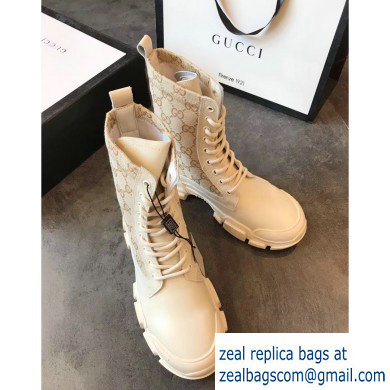 Gucci Leather and GG Canvas Lace-up Ankle Boots White 2019