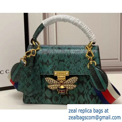 Gucci Queen Margaret Metal Bee Small Top Handle Bag 476541 Python Green - Click Image to Close