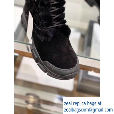 Gucci Suede Leather and GG Shearling Lace-up Ankle Boots Black 2019