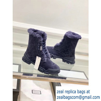 Gucci Suede Leather and GG Shearling Lace-up Ankle Boots Dark Blue 2019