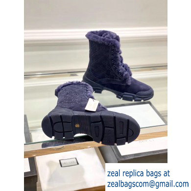 Gucci Suede Leather and GG Shearling Lace-up Ankle Boots Dark Blue 2019