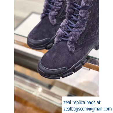 Gucci Suede Leather and GG Shearling Lace-up Ankle Boots Dark Blue 2019