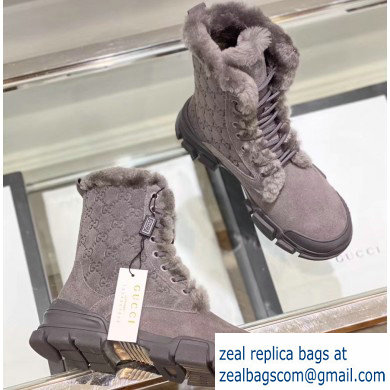 Gucci Suede Leather and GG Shearling Lace-up Ankle Boots Gray 2019 - Click Image to Close