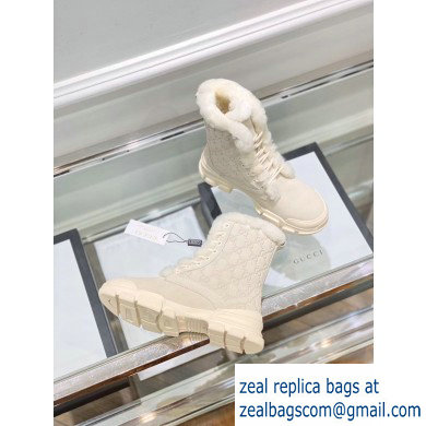 Gucci Suede Leather and GG Shearling Lace-up Ankle Boots White 2019